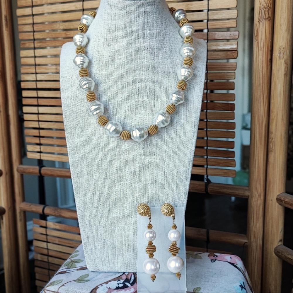 Anne Klein Spiral Spring Faux Pearl Bauble Beads Gold Tone Necklace & Earrings